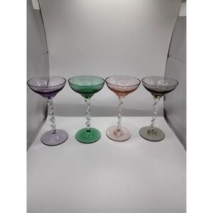 Vintage Twisted Stem Coupe Glasses Set Of 4 Multicolor Art Glass MCM